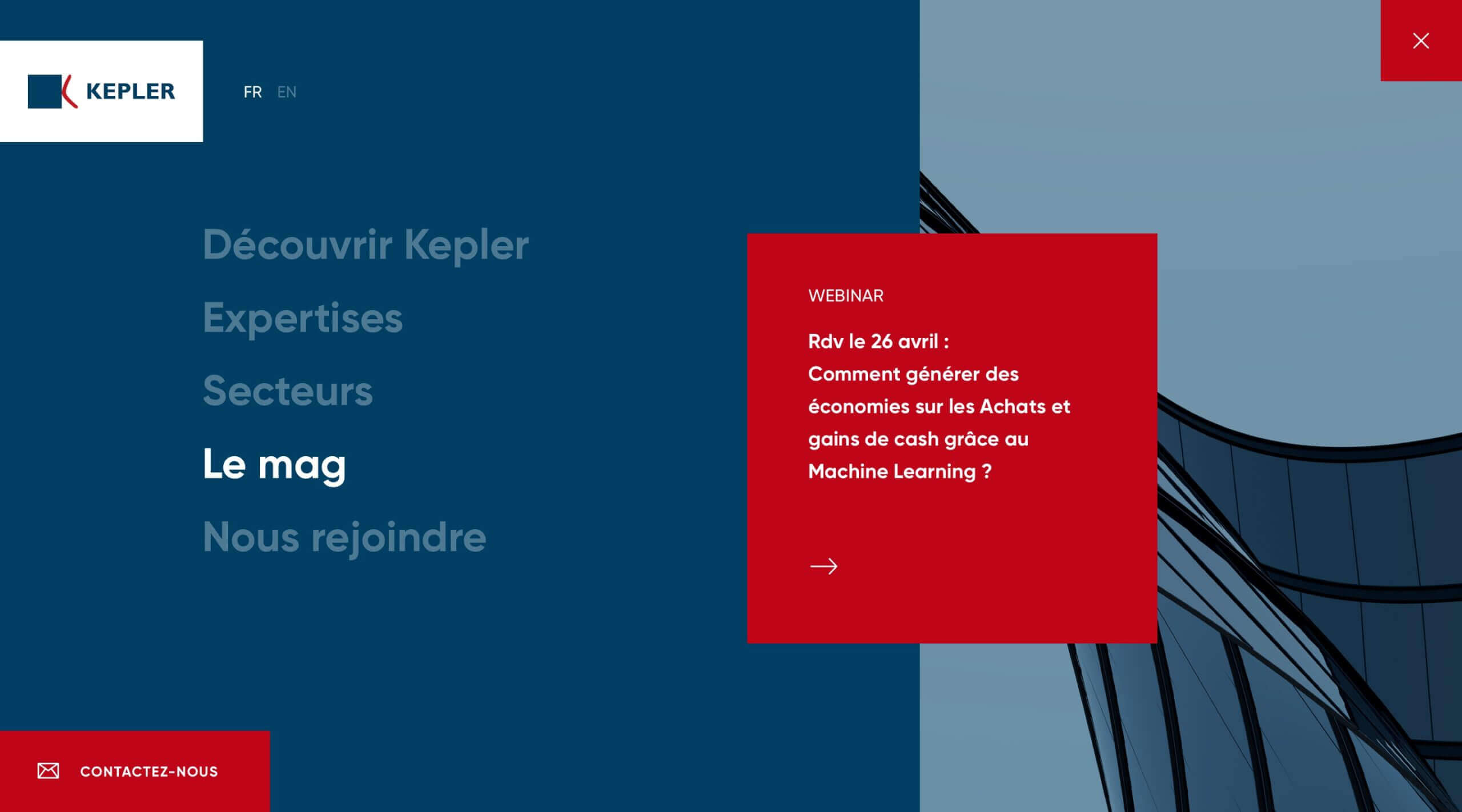 Menu sur site web Kepler Consulting